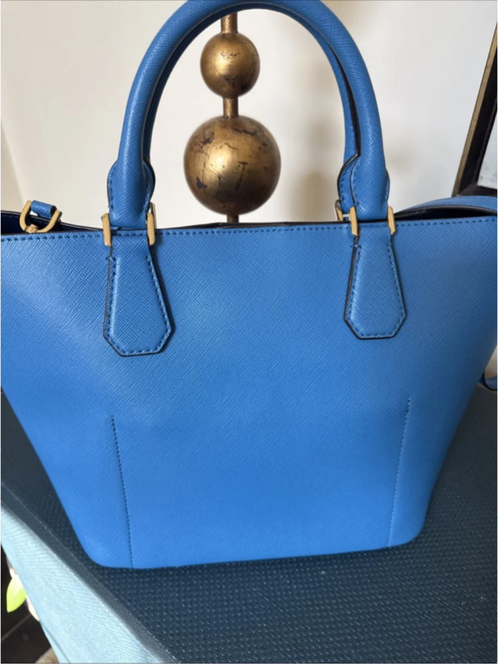 Michael Kors Greenwich Large Saffiano Leather Grab Bag Blue Gold Hardware